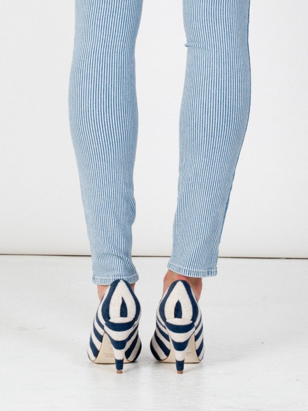 NYC Designer HANDMADE Striped Terry Velvet & Genuine Leather Heeled Pumps NEW - Picture 8 of 9